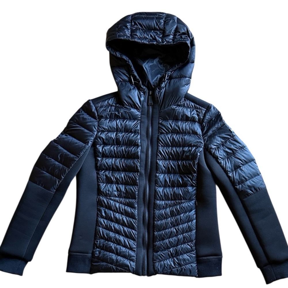 DKNY SPORT MIXED MEDIA HOODED BLACK PUFFER JACKET WITHTHUMBHOLE CUFFS SZ SMALL